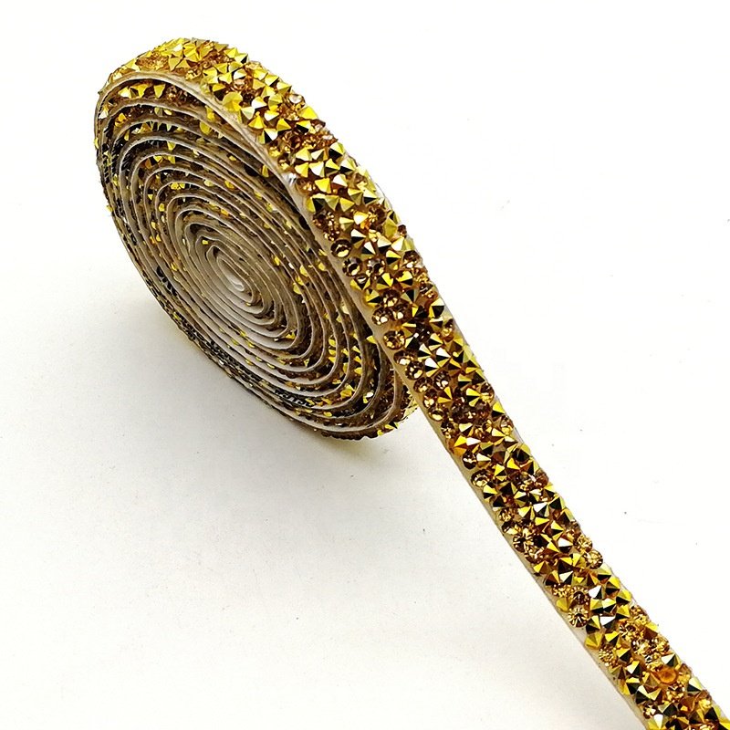 Custom self-adhesive hotfix crystal rhinestone gold ribbon trim for clothing