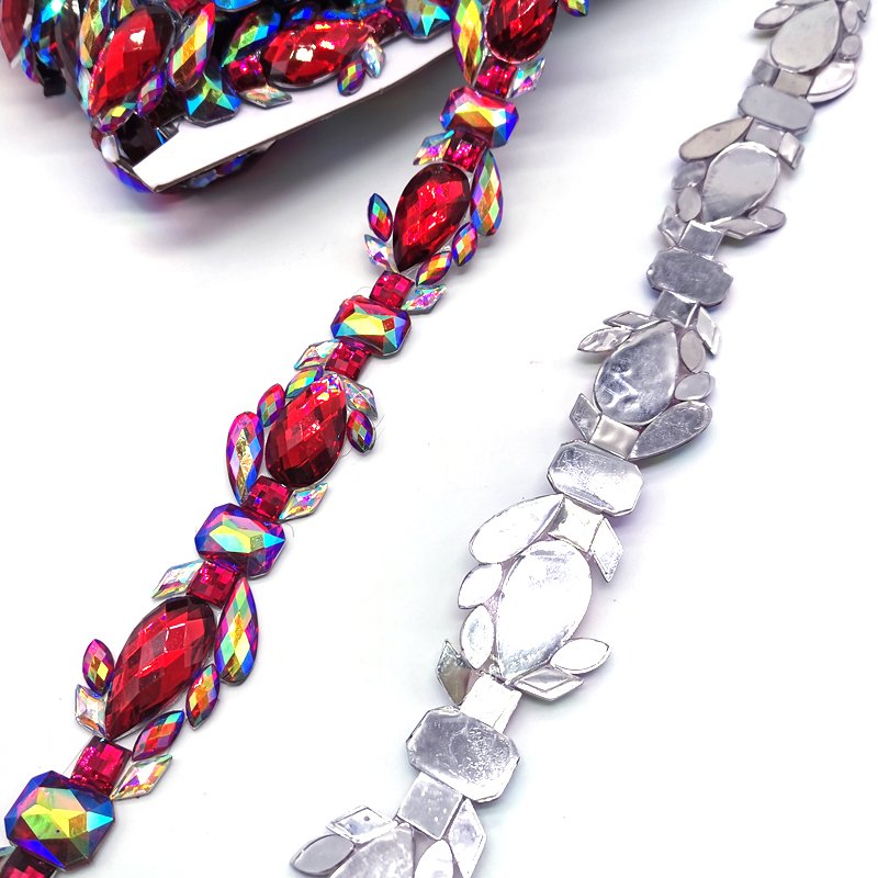 Wholesale Red AB Diamond Dress Decorative Rhinestone Trims Hot Fix Iridescent Resin Appliques Trims For Carnival Costume & Shoes