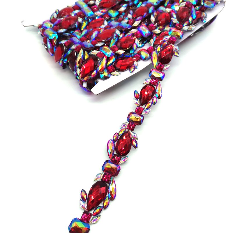 Wholesale Red AB Diamond Dress Decorative Rhinestone Trims Hot Fix Iridescent Resin Appliques Trims For Carnival Costume & Shoes