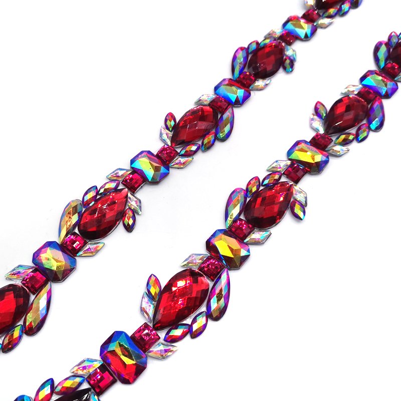 Wholesale Red AB Diamond Dress Decorative Rhinestone Trims Hot Fix Iridescent Resin Appliques Trims For Carnival Costume & Shoes