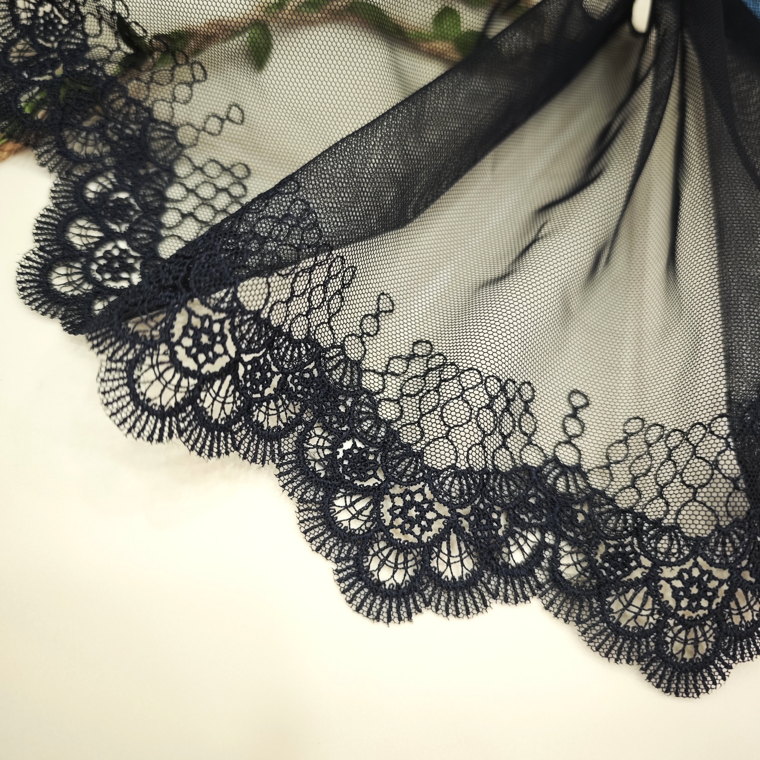 High Quality Fashion 18cm wide Embroidered Flower Black mesh Lace trim for women lingerie clothing lace