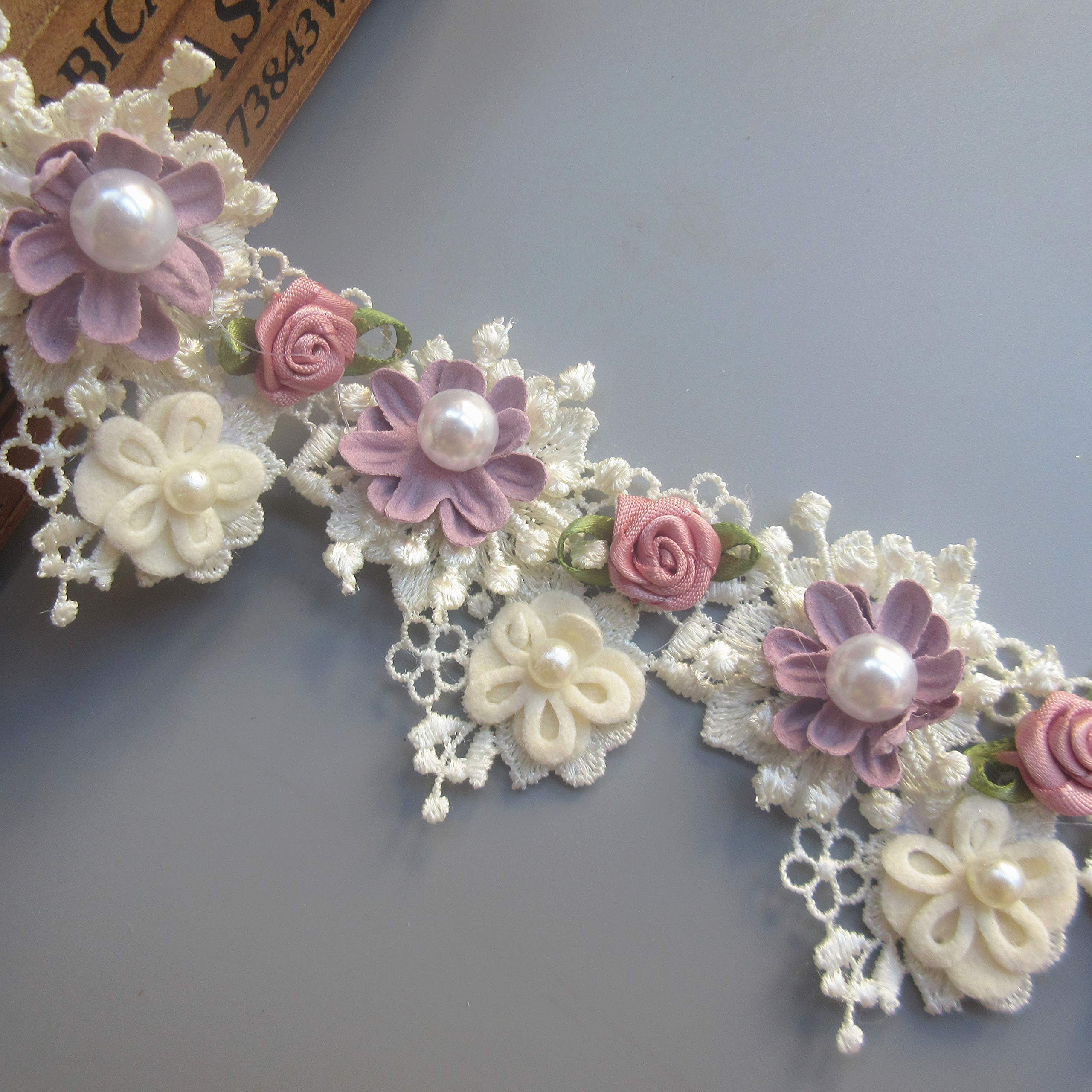 Handmade Lace Flower Beads Trim Ribbon Vintage Trim Fabric Embroidered Applique Sewing Craft Dress Party Clothes Decor