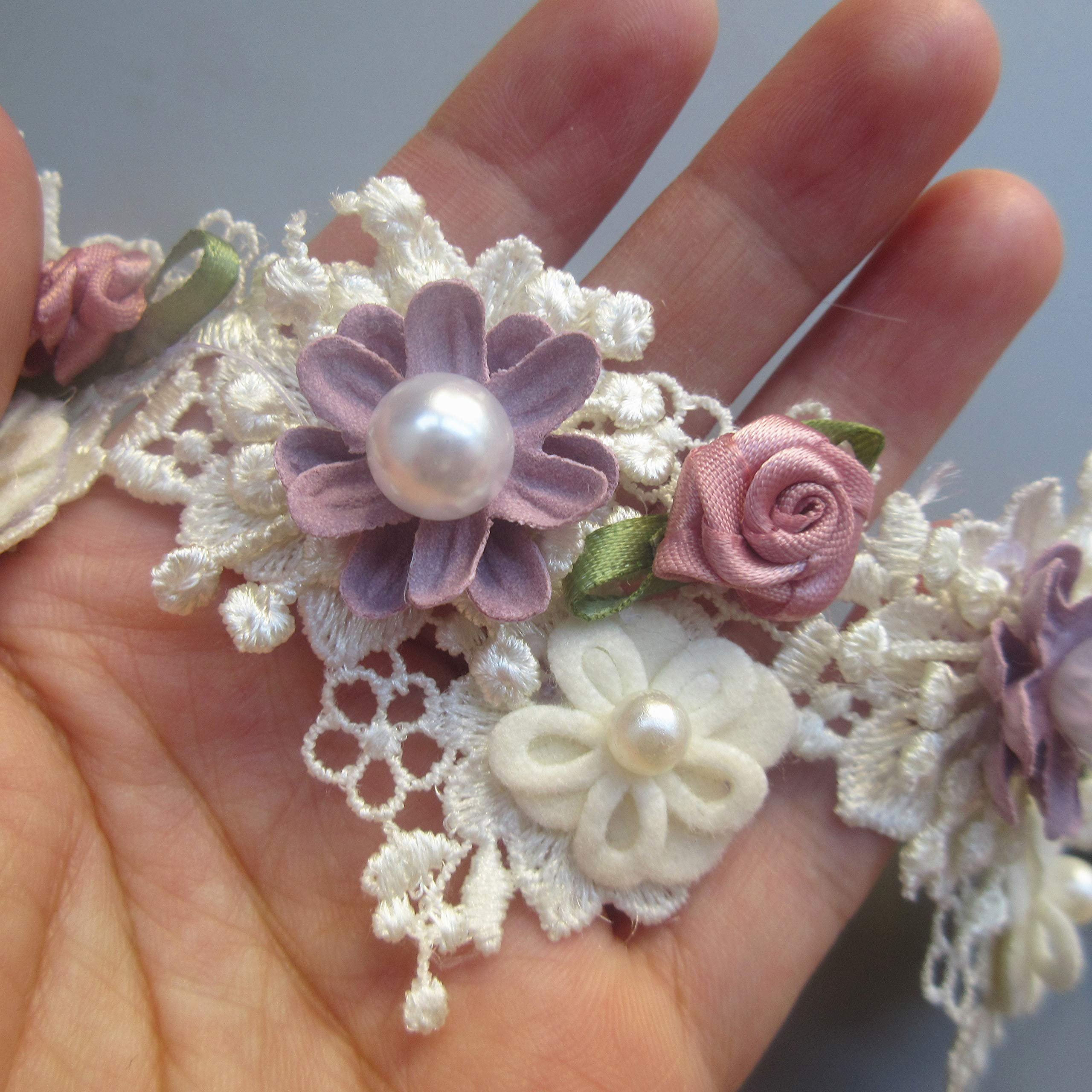 Handmade Lace Flower Beads Trim Ribbon Vintage Trim Fabric Embroidered Applique Sewing Craft Dress Party Clothes Decor