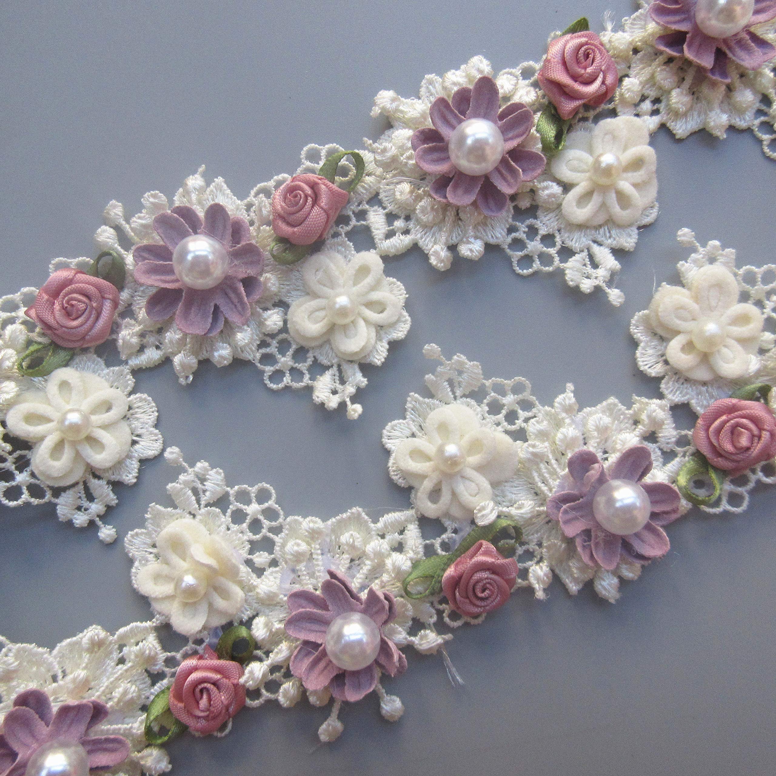 Handmade Lace Flower Beads Trim Ribbon Vintage Trim Fabric Embroidered Applique Sewing Craft Dress Party Clothes Decor