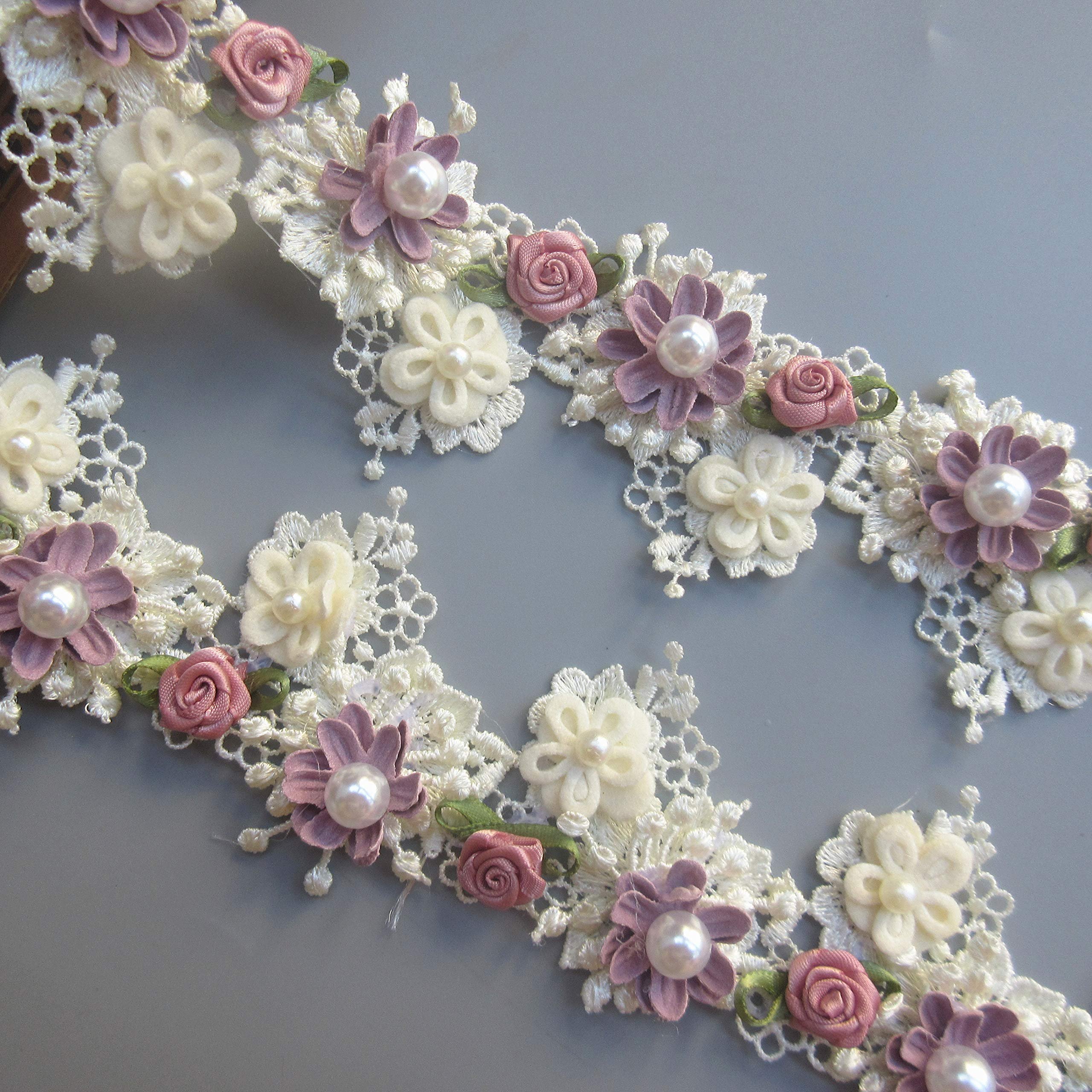 Handmade Lace Flower Beads Trim Ribbon Vintage Trim Fabric Embroidered Applique Sewing Craft Dress Party Clothes Decor