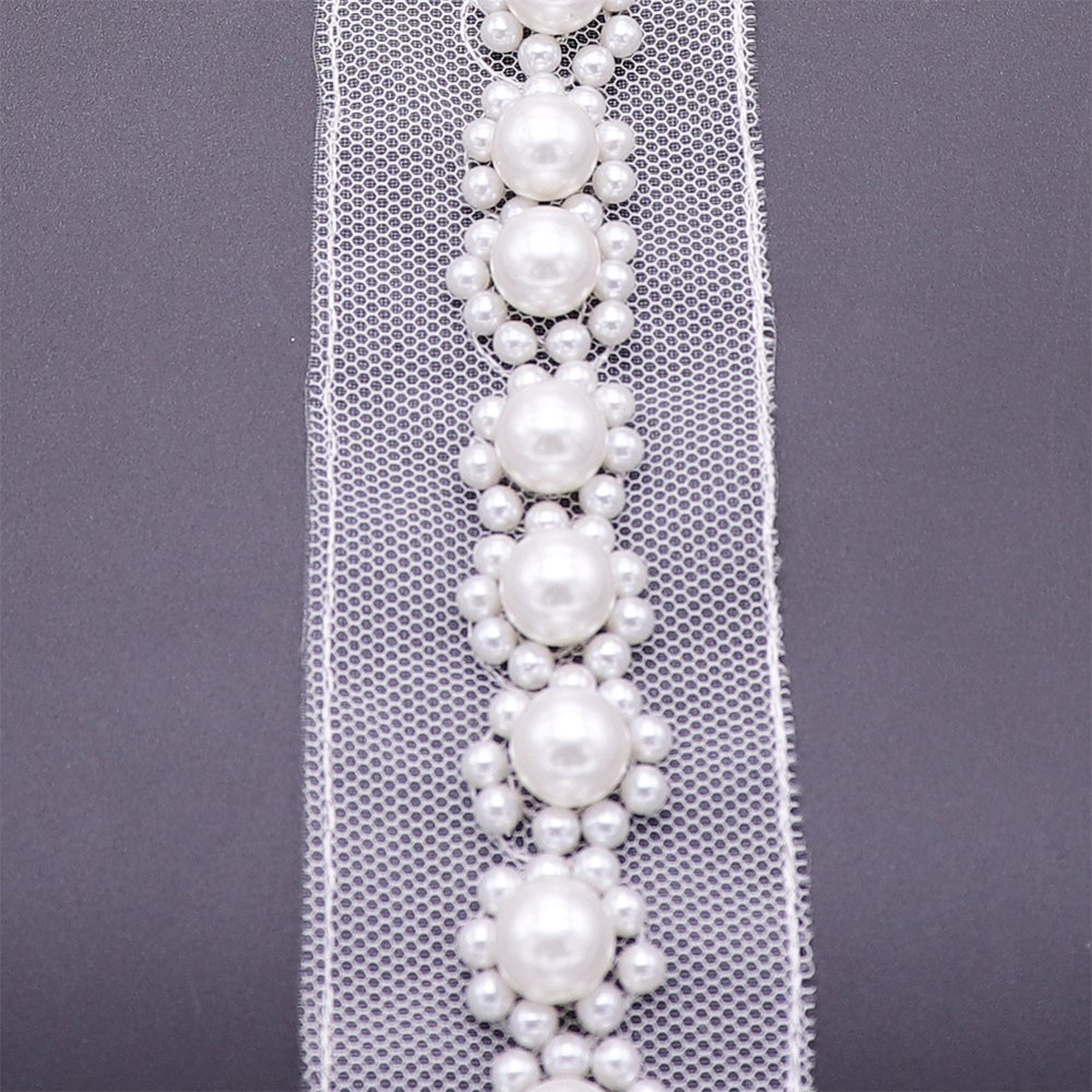 New Fashion White Pearl Trim Lace Hand Sewing Pearl Tape Lace Trim For Dress Decoration