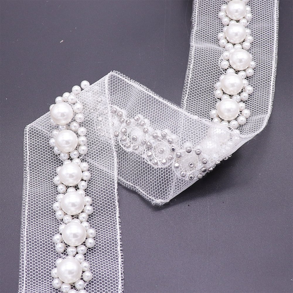 New Fashion White Pearl Trim Lace Hand Sewing Pearl Tape Lace Trim For Dress Decoration