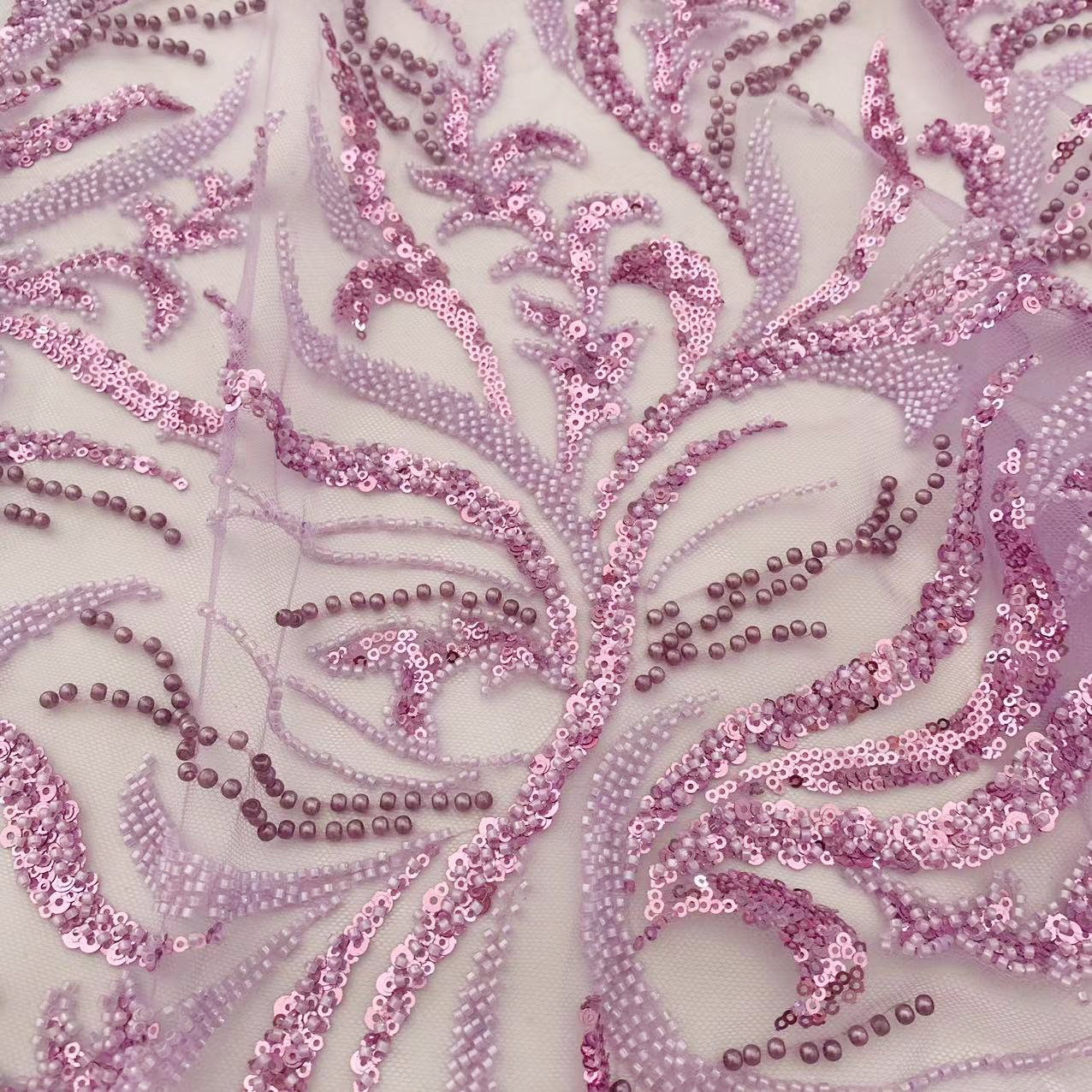 In stock bead tube sequin embroidered tulle fabric for Wedding dress and pageant gowns Wholesale voile lace fabric beaded trim