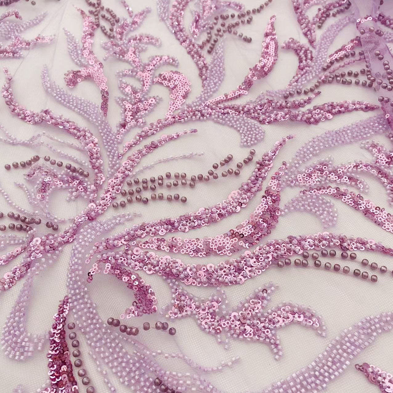 In stock bead tube sequin embroidered tulle fabric for Wedding dress and pageant gowns Wholesale voile lace fabric beaded trim