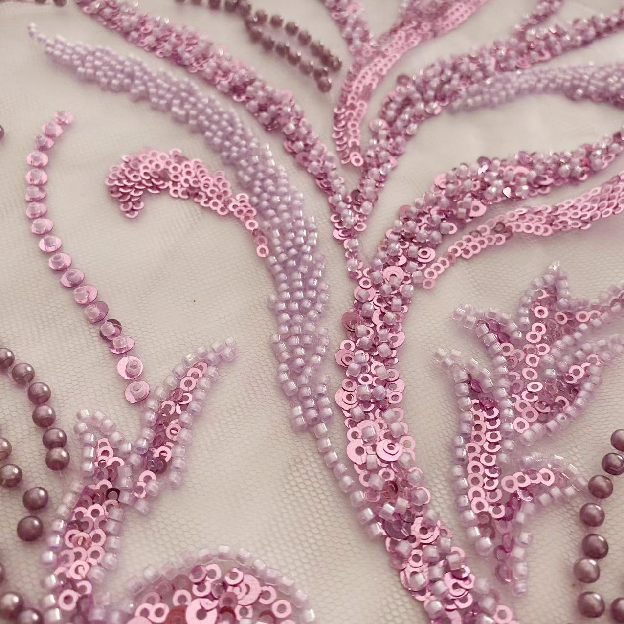 In stock bead tube sequin embroidered tulle fabric for Wedding dress and pageant gowns Wholesale voile lace fabric beaded trim