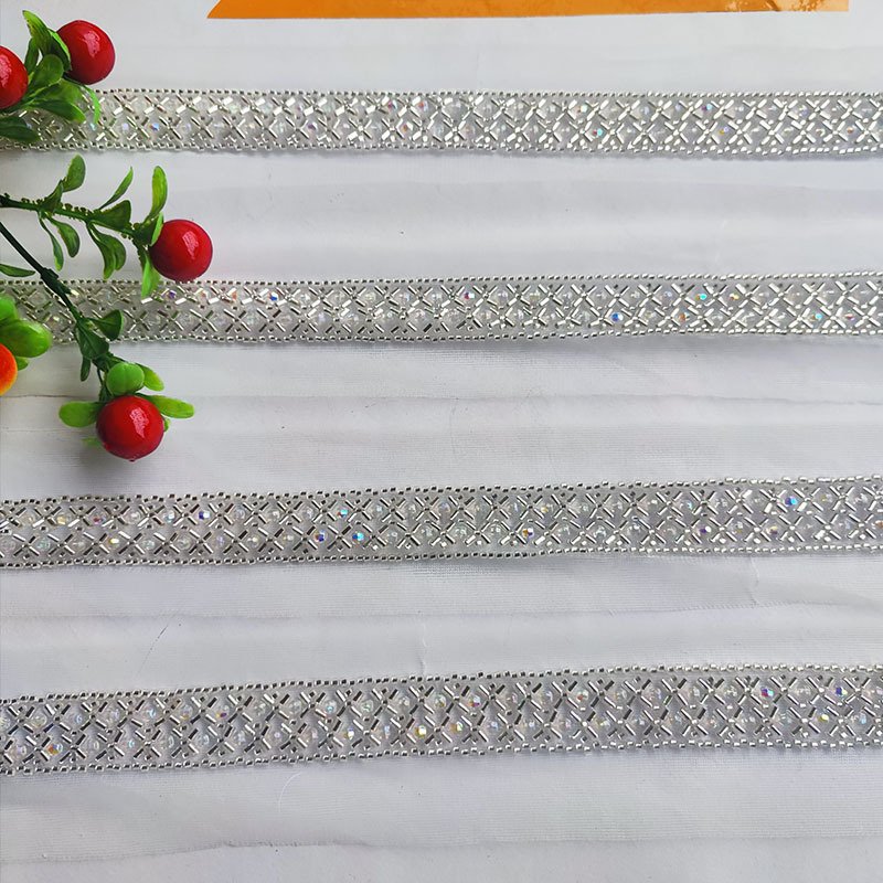 2CM new embroidered bead mesh bottom silver bead tube double row diamond shaped pearl acrylic colored bead lace trim
