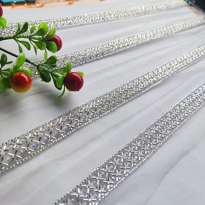 2CM new embroidered bead mesh bottom silver bead tube double row diamond shaped pearl acrylic colored bead lace trim