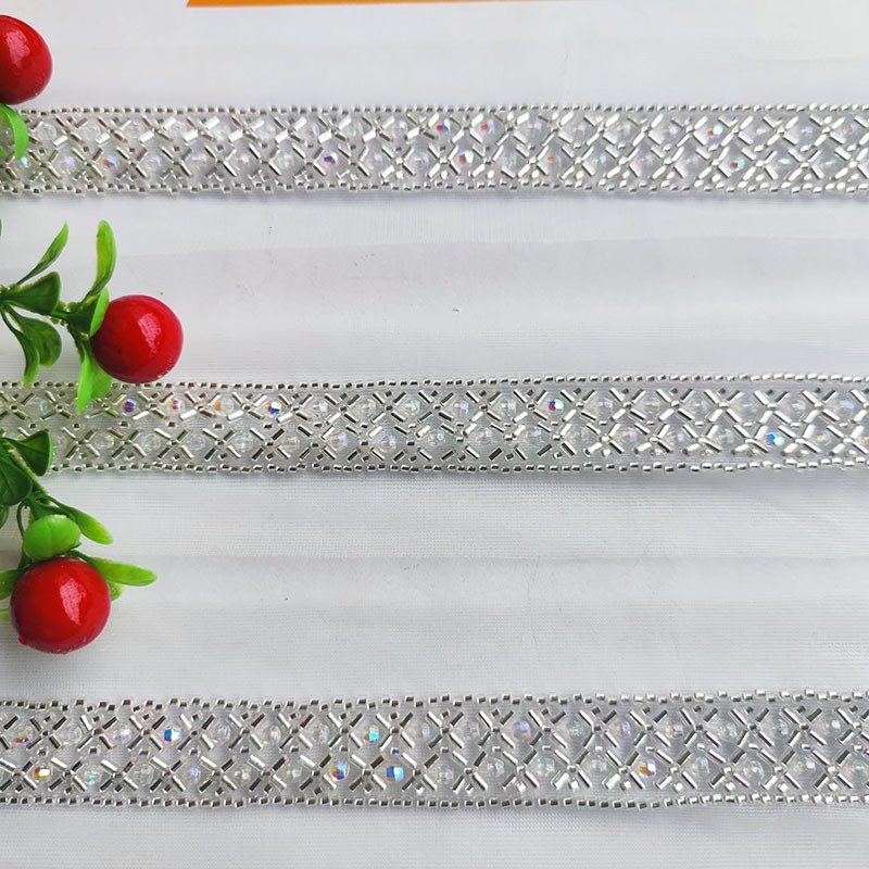 2CM new embroidered bead mesh bottom silver bead tube double row diamond shaped pearl acrylic colored bead lace trim
