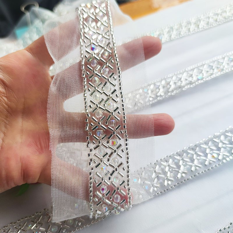 2CM new embroidered bead mesh bottom silver bead tube double row diamond shaped pearl acrylic colored bead lace trim