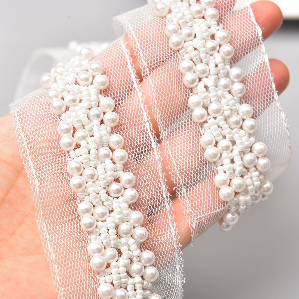 Rhinestone Pearl Beaded Lace Sew on Crystal Bridal Sash Belt Ribbon Trim for Clothes Dress