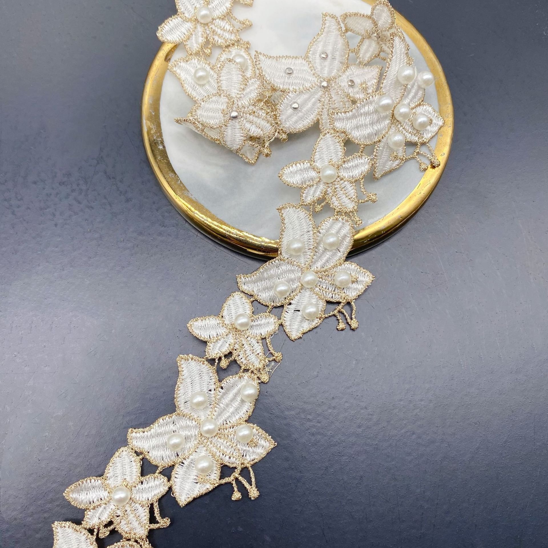 width 4 cm embroidery necklace Water Soluble Lace Trimming pearls Polyester golden white Lace ribbon for dress