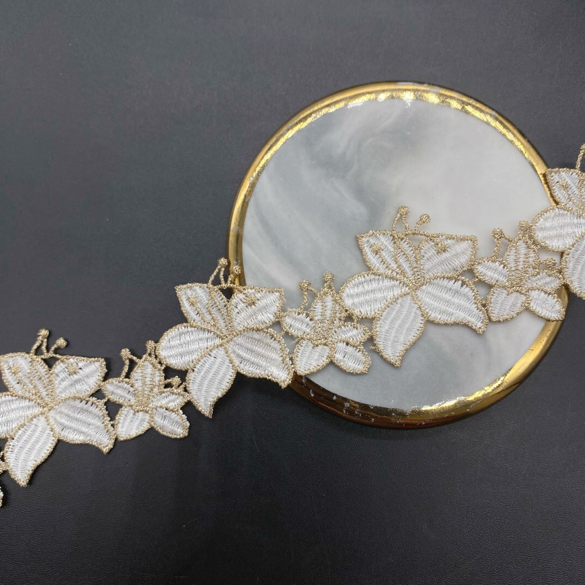 width 4 cm embroidery necklace Water Soluble Lace Trimming pearls Polyester golden white Lace ribbon for dress