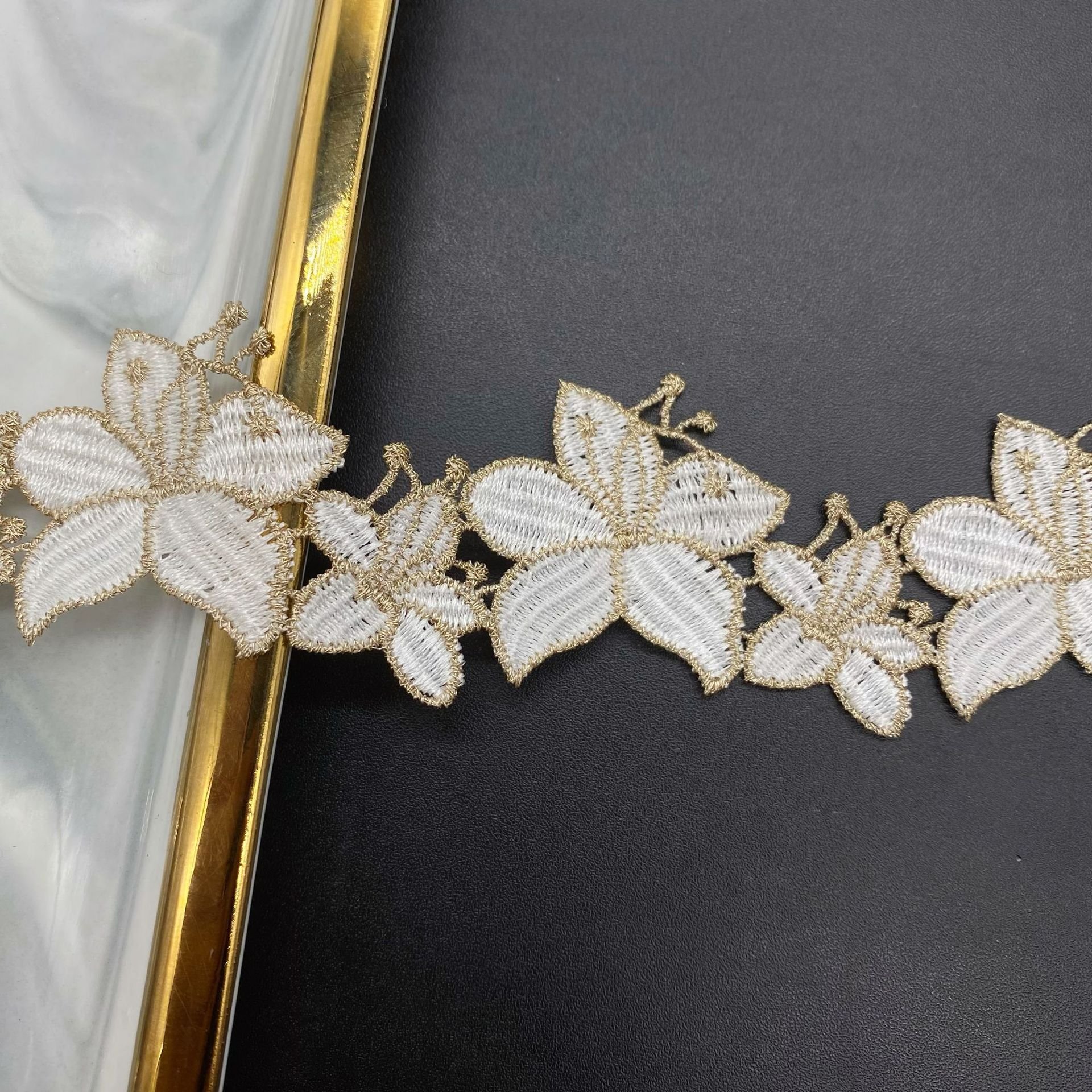 width 4 cm embroidery necklace Water Soluble Lace Trimming pearls Polyester golden white Lace ribbon for dress