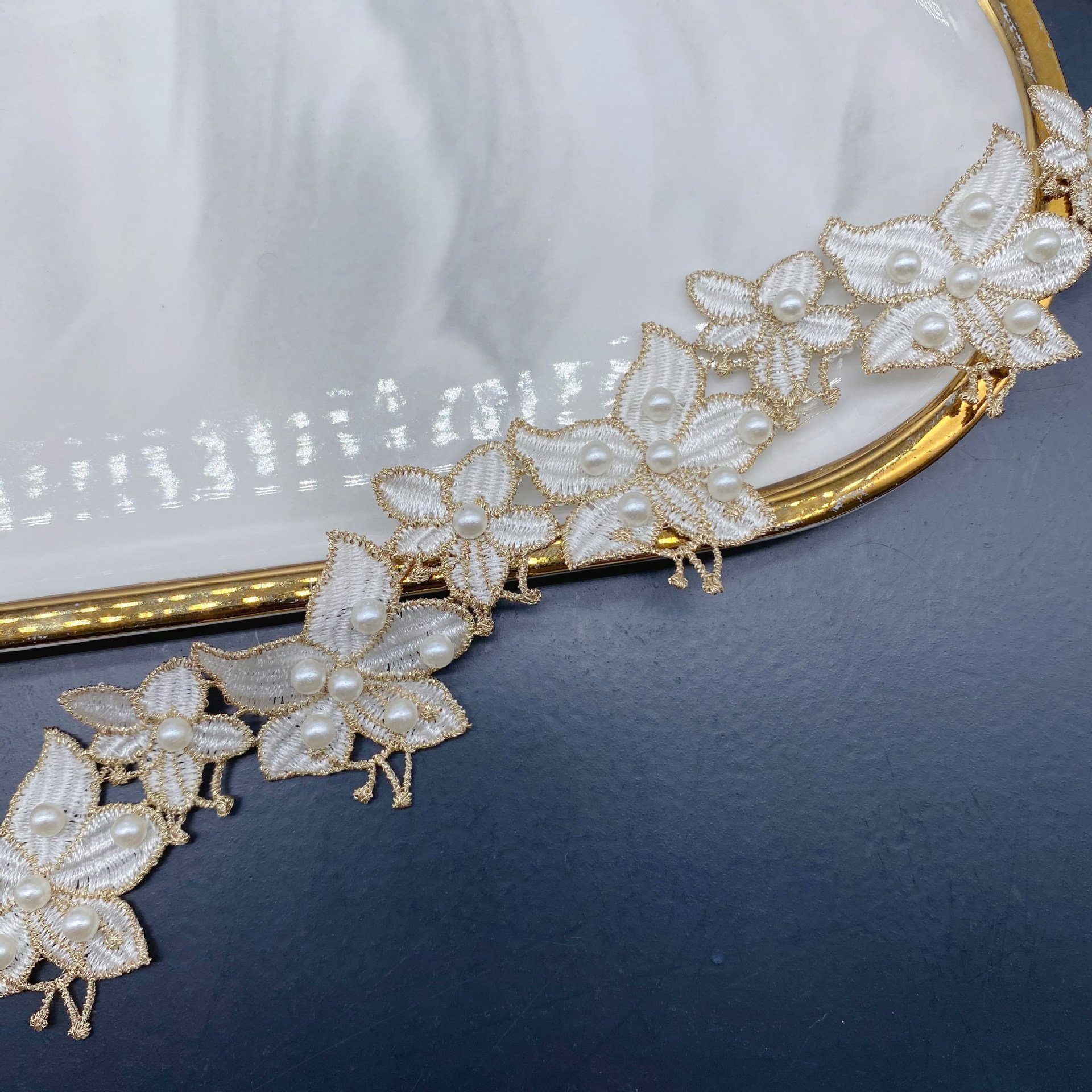 width 4 cm embroidery necklace Water Soluble Lace Trimming pearls Polyester golden white Lace ribbon for dress