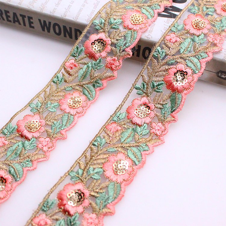 Wholesale of gold sequins lace embroidery water-soluble lace polyester colored mesh lace trims