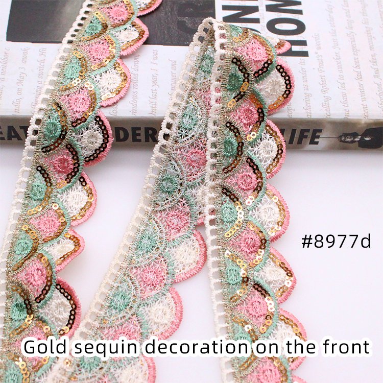 Wholesale of gold sequins lace embroidery water-soluble lace polyester colored mesh lace trims