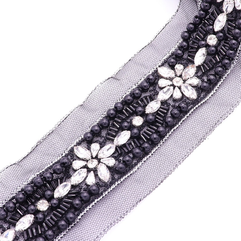 Factory Wholesale Lace Pearl Trim Ribbon Stylish Rhinestone Lace Trim With Hand Sewing