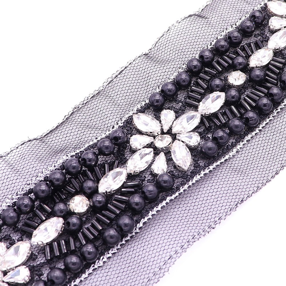 Factory Wholesale Lace Pearl Trim Ribbon Stylish Rhinestone Lace Trim With Hand Sewing