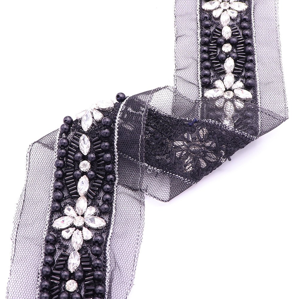 Factory Wholesale Lace Pearl Trim Ribbon Stylish Rhinestone Lace Trim With Hand Sewing