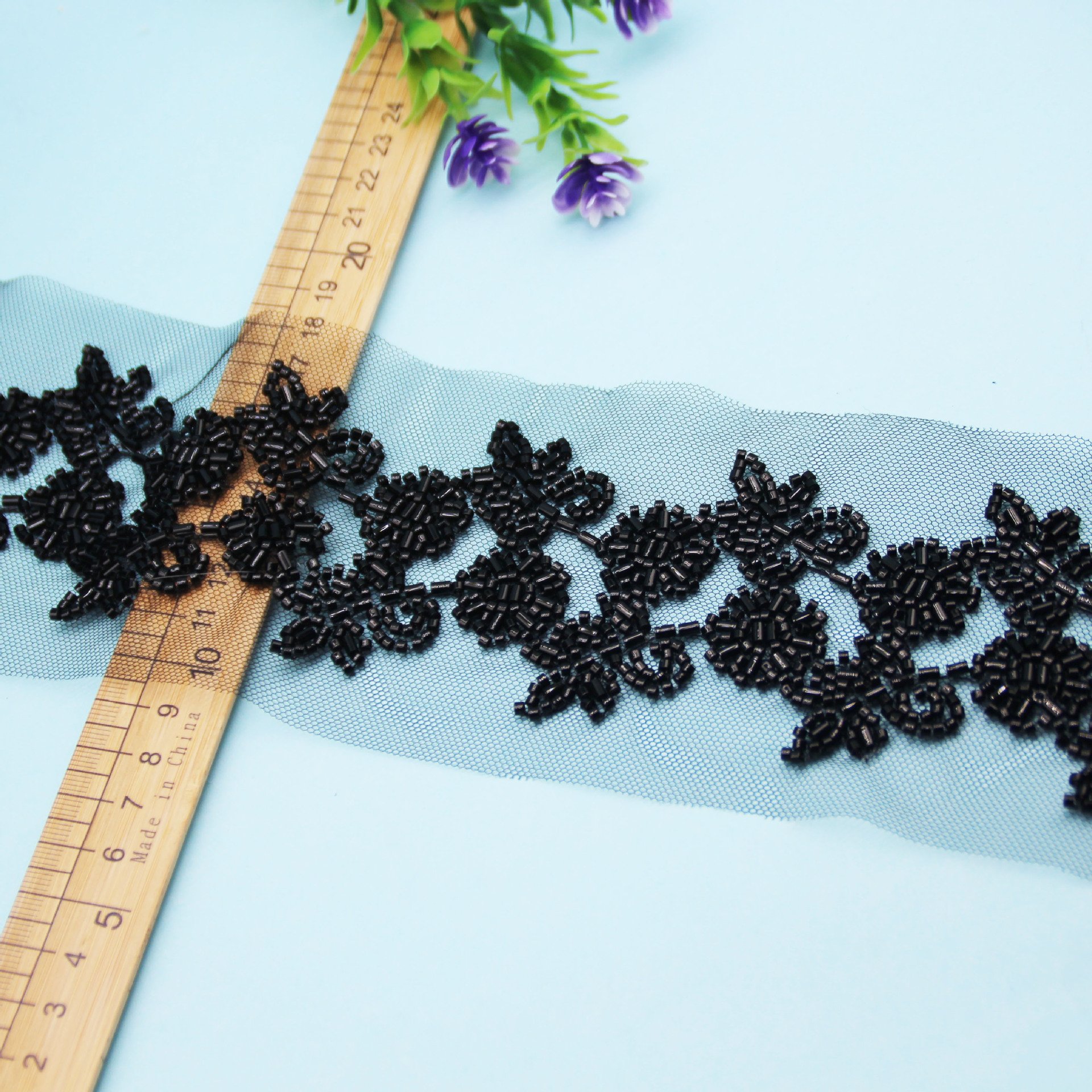 Retro Flower Rattan Shape Black Glass Bead Mesh Lace Handmade Trim DIY Sew Decorated for Dress Clothing