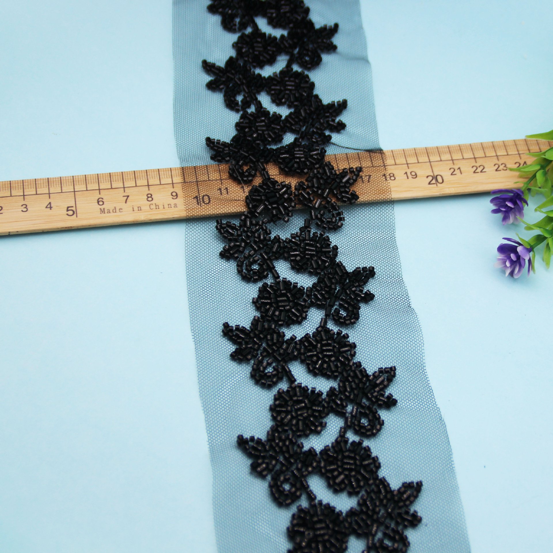 Retro Flower Rattan Shape Black Glass Bead Mesh Lace Handmade Trim DIY Sew Decorated for Dress Clothing