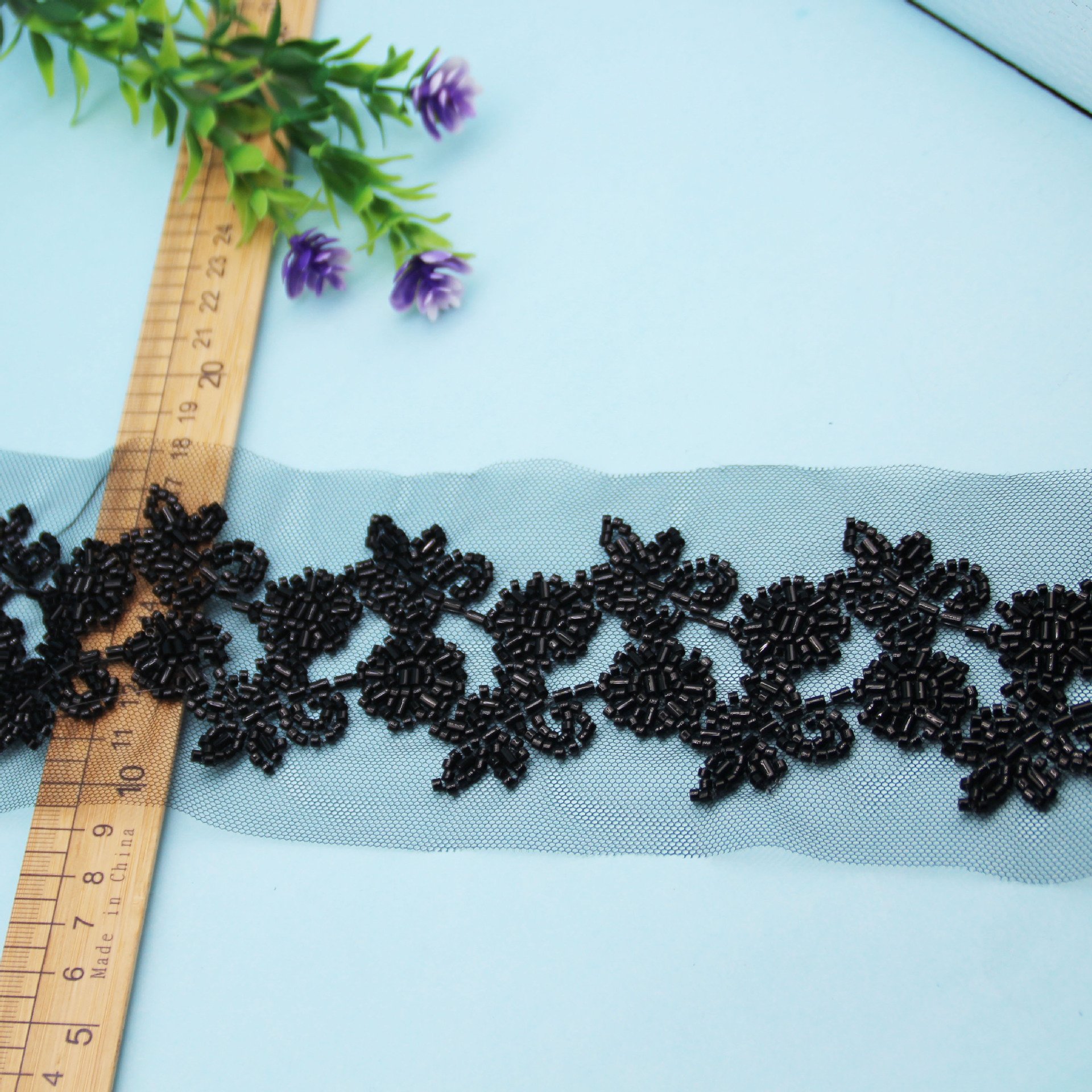 Retro Flower Rattan Shape Black Glass Bead Mesh Lace Handmade Trim DIY Sew Decorated for Dress Clothing