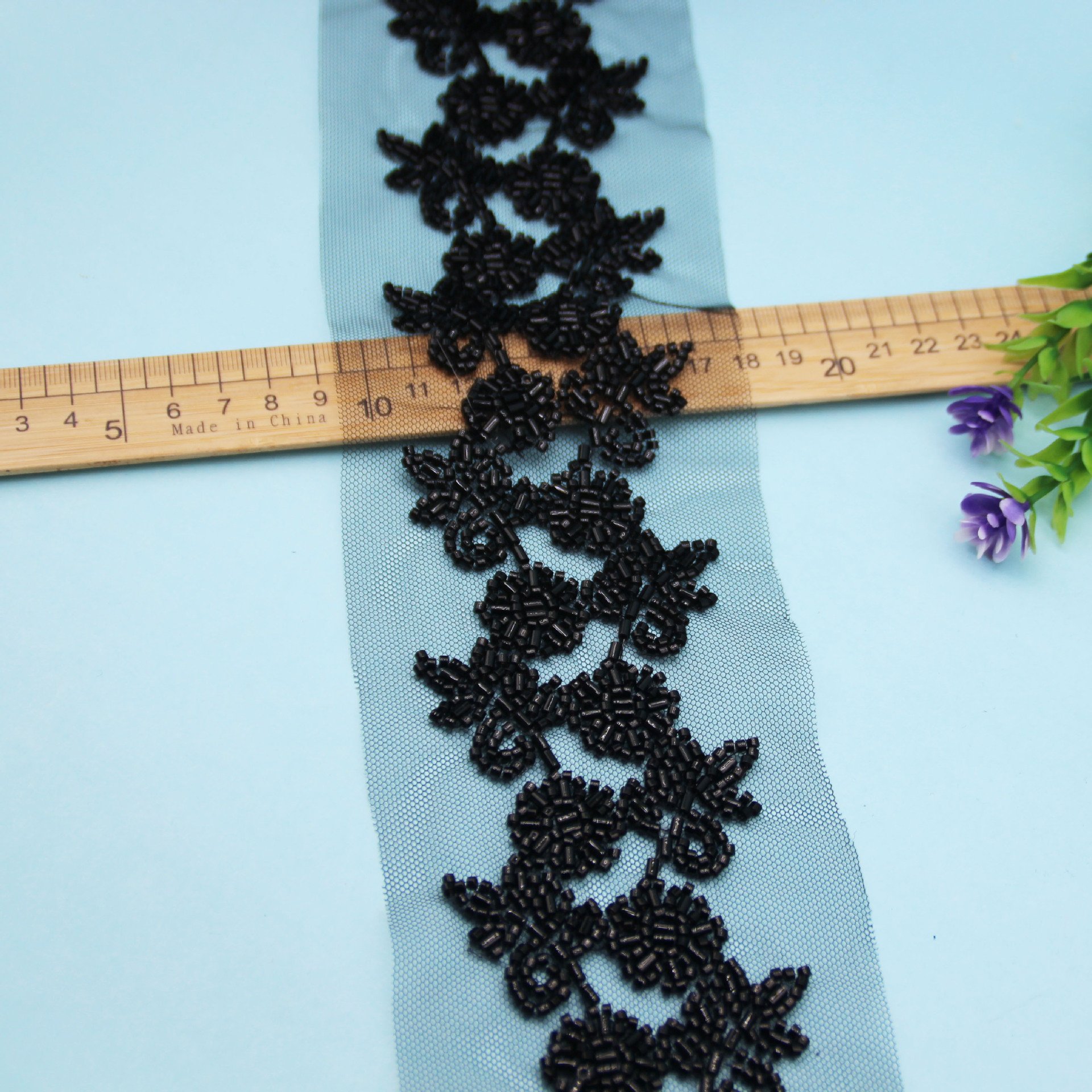 Retro Flower Rattan Shape Black Glass Bead Mesh Lace Handmade Trim DIY Sew Decorated for Dress Clothing