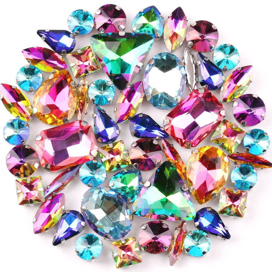 AB Glass Crystal Sew On Rhinestone 50pcs/Bag Shapes Mix Clear Candy Wedding Dress Shoes Bag Diy Trim Jelly Rhinestones Bulk