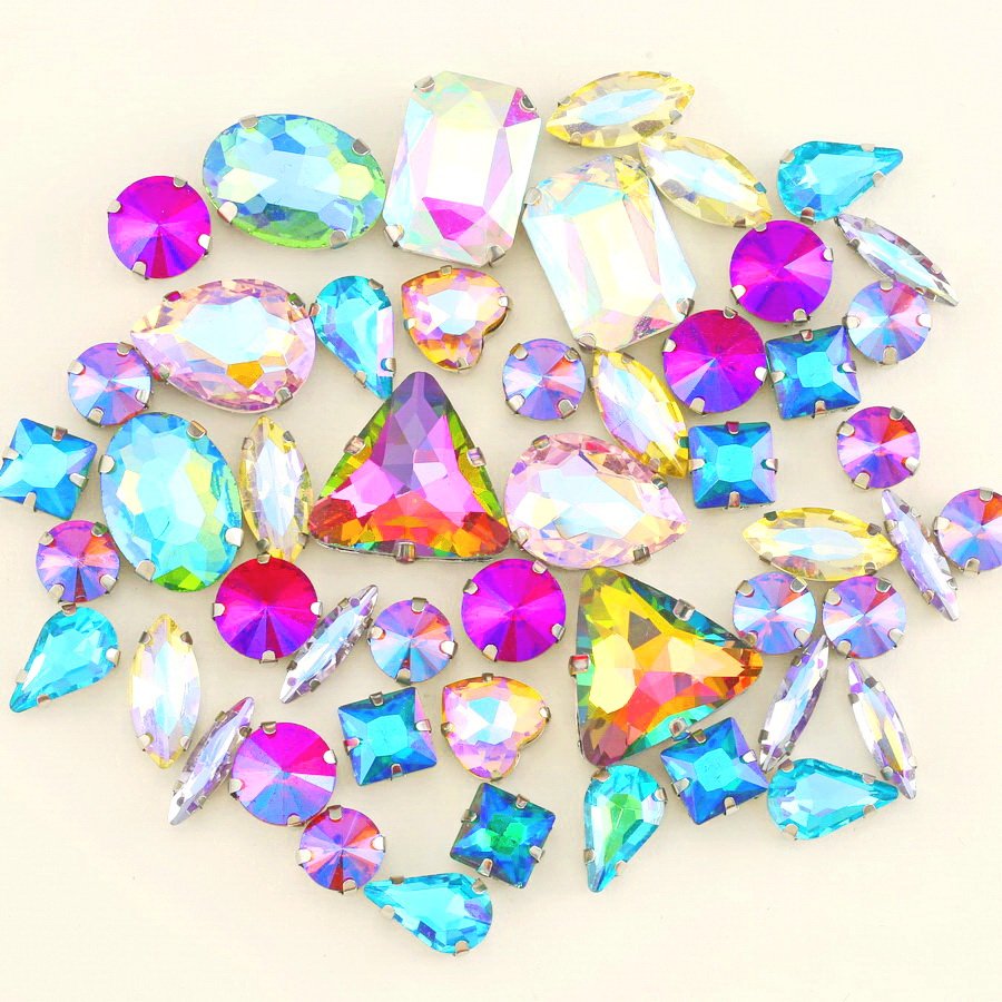 AB Glass Crystal Sew On Rhinestone 50pcs/Bag Shapes Mix Clear Candy Wedding Dress Shoes Bag Diy Trim Jelly Rhinestones Bulk