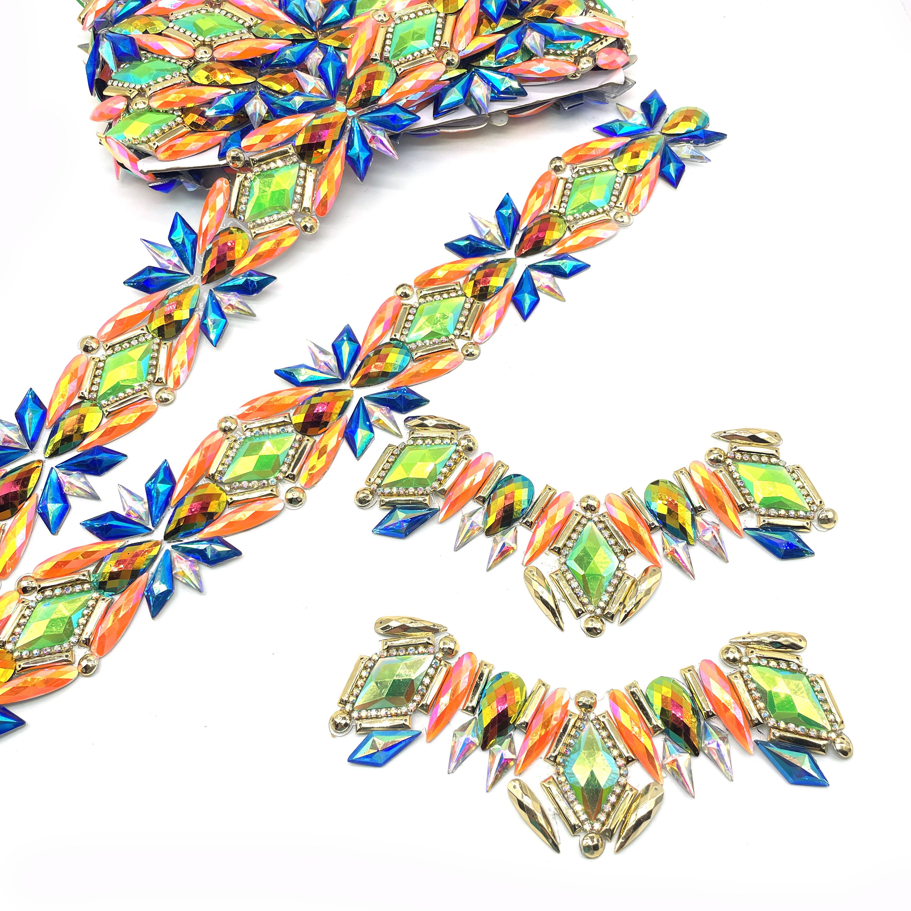Iron-On Applique Blue Orange AB Trimming Resin Gem for Guyana Mashramani Carnival Decoration for Costumes Garments and Bags
