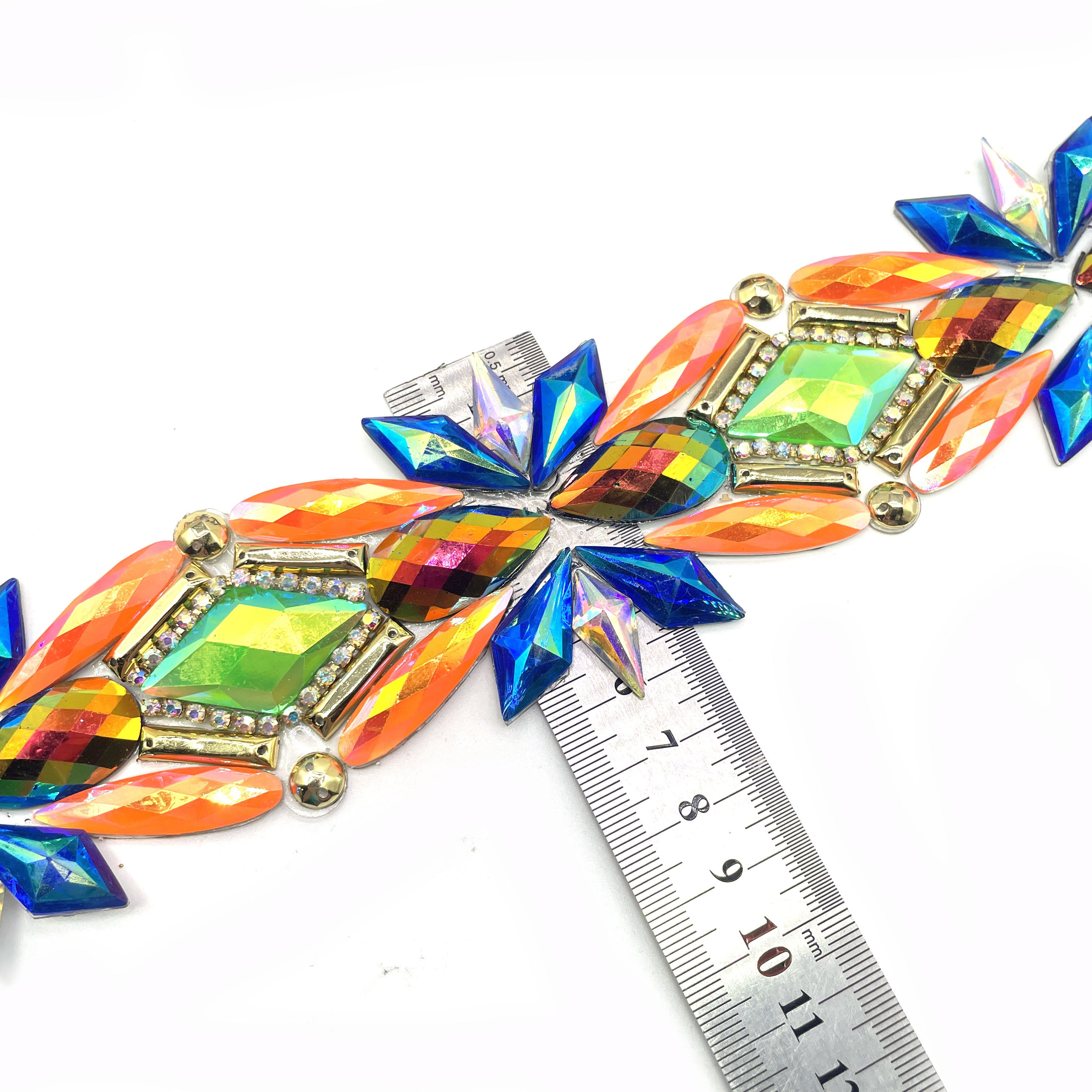 Iron-On Applique Blue Orange AB Trimming Resin Gem for Guyana Mashramani Carnival Decoration for Costumes Garments and Bags