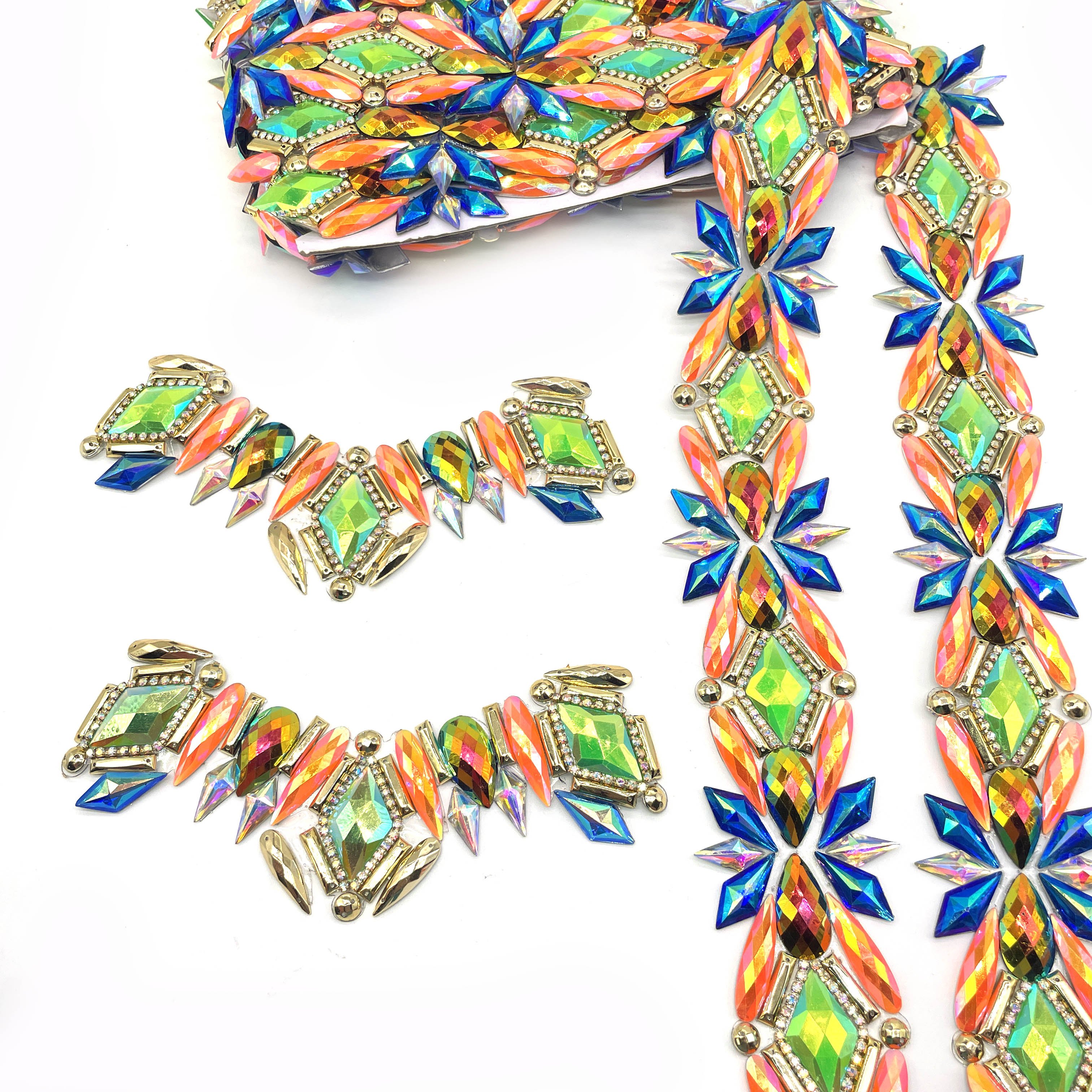 Iron-On Applique Blue Orange AB Trimming Resin Gem for Guyana Mashramani Carnival Decoration for Costumes Garments and Bags