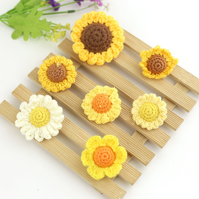 yellow crochet sunflower 3D crochet flower handmade sew on flower DIY bag charm keycharm accessories