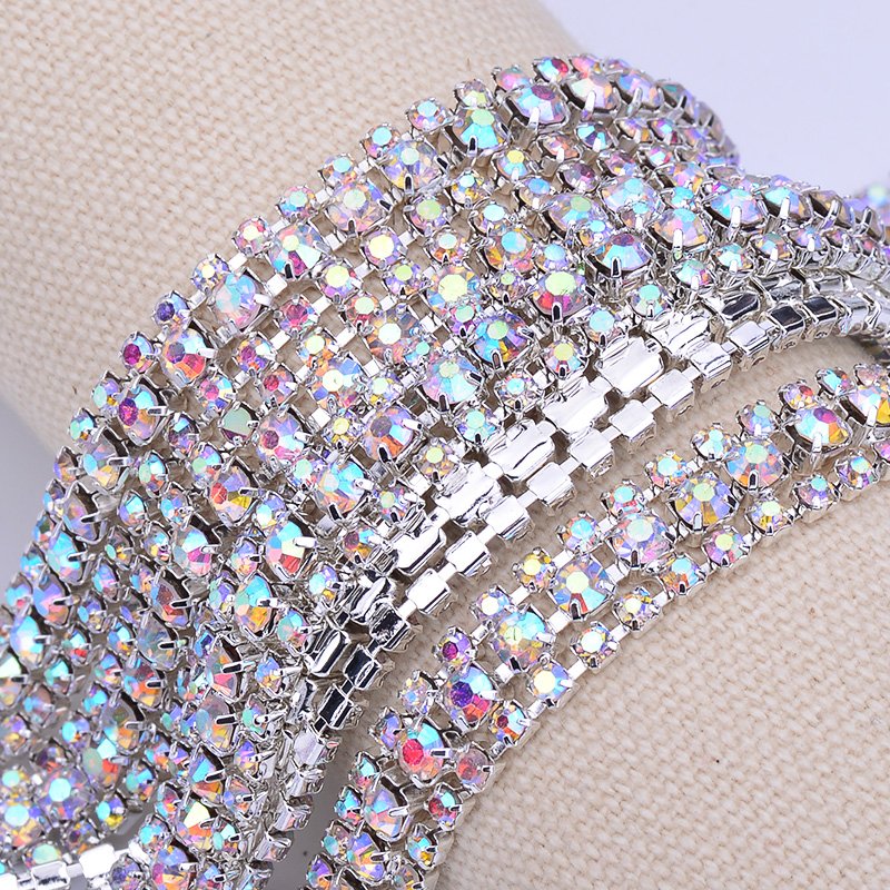 1 Roll SS8+SS16+SS8 Crystal AB Glass Rhinestone Chain Trim Silver Applique Crystal Ribbon Strass Banding for Clothes