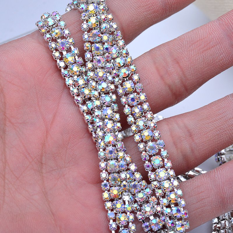 1 Roll SS8+SS16+SS8 Crystal AB Glass Rhinestone Chain Trim Silver Applique Crystal Ribbon Strass Banding for Clothes