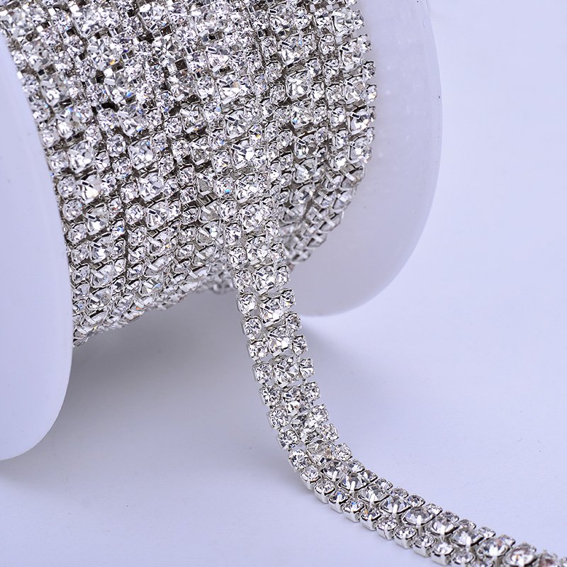 1 Roll SS8+SS16+SS8 Crystal AB Glass Rhinestone Chain Trim Silver Applique Crystal Ribbon Strass Banding for Clothes