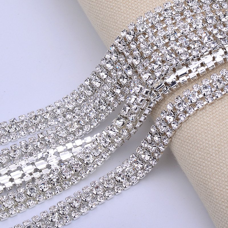 1 Roll SS8+SS16+SS8 Crystal AB Glass Rhinestone Chain Trim Silver Applique Crystal Ribbon Strass Banding for Clothes