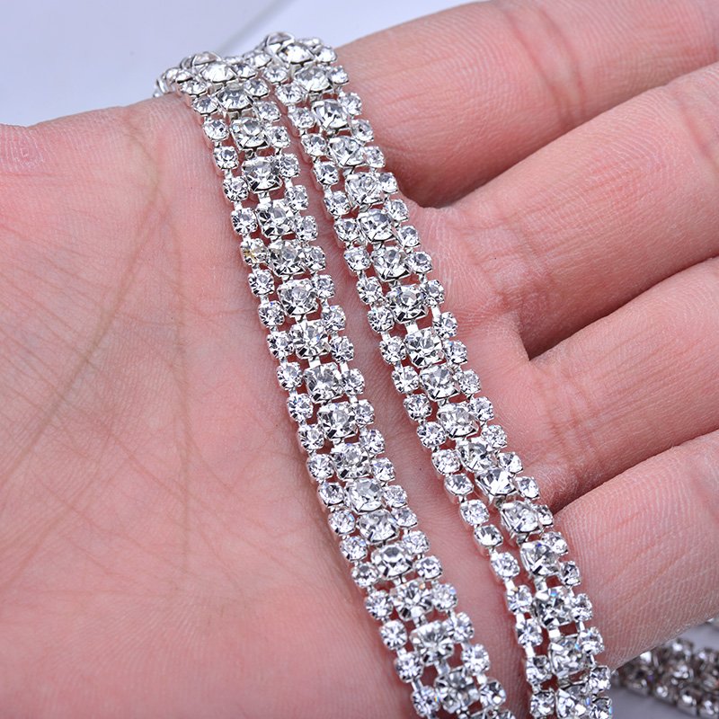 1 Roll SS8+SS16+SS8 Crystal AB Glass Rhinestone Chain Trim Silver Applique Crystal Ribbon Strass Banding for Clothes