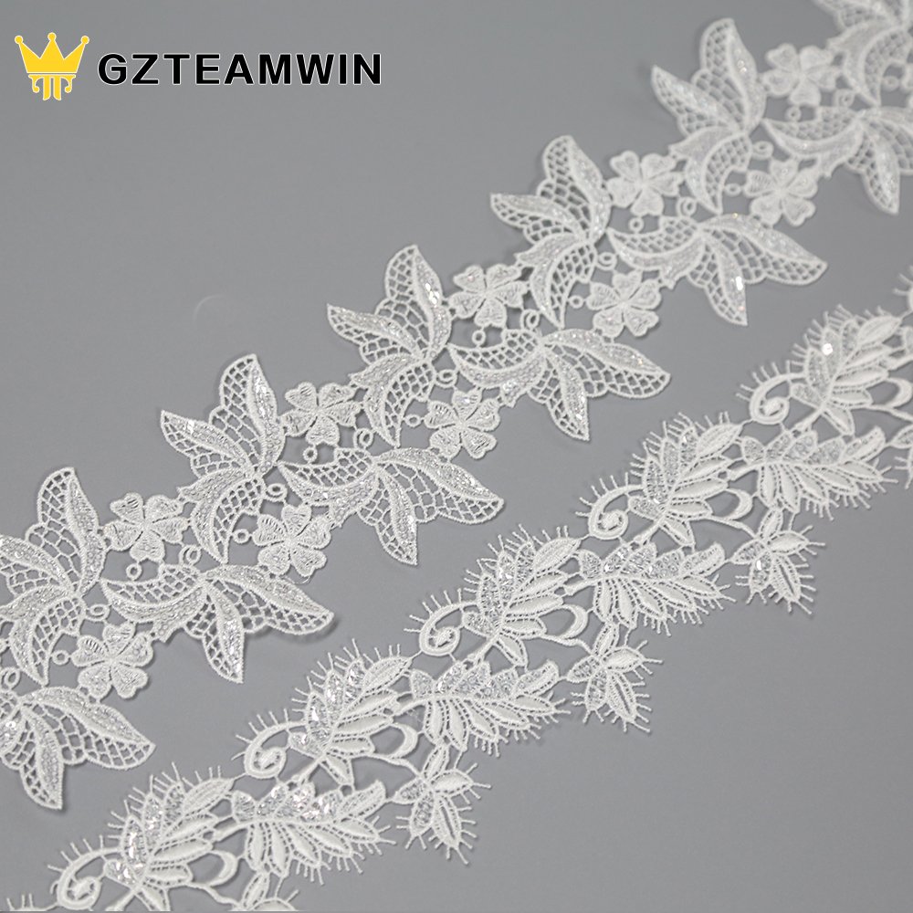 High-end White Custom Flower Pattern Sequin French Embroidery Lace Trim For Wedding Dress