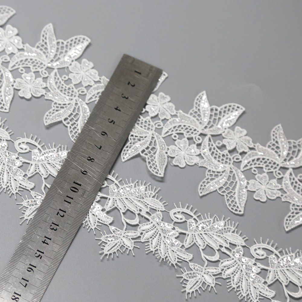 High-end White Custom Flower Pattern Sequin French Embroidery Lace Trim For Wedding Dress