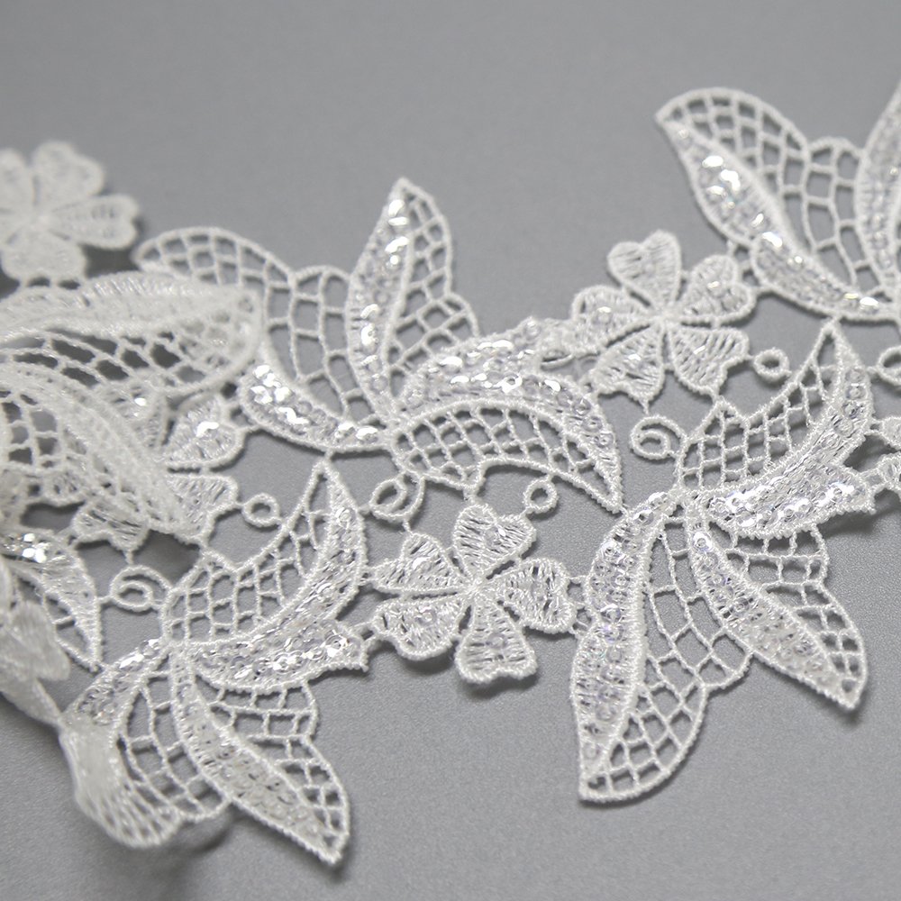 High-end White Custom Flower Pattern Sequin French Embroidery Lace Trim For Wedding Dress