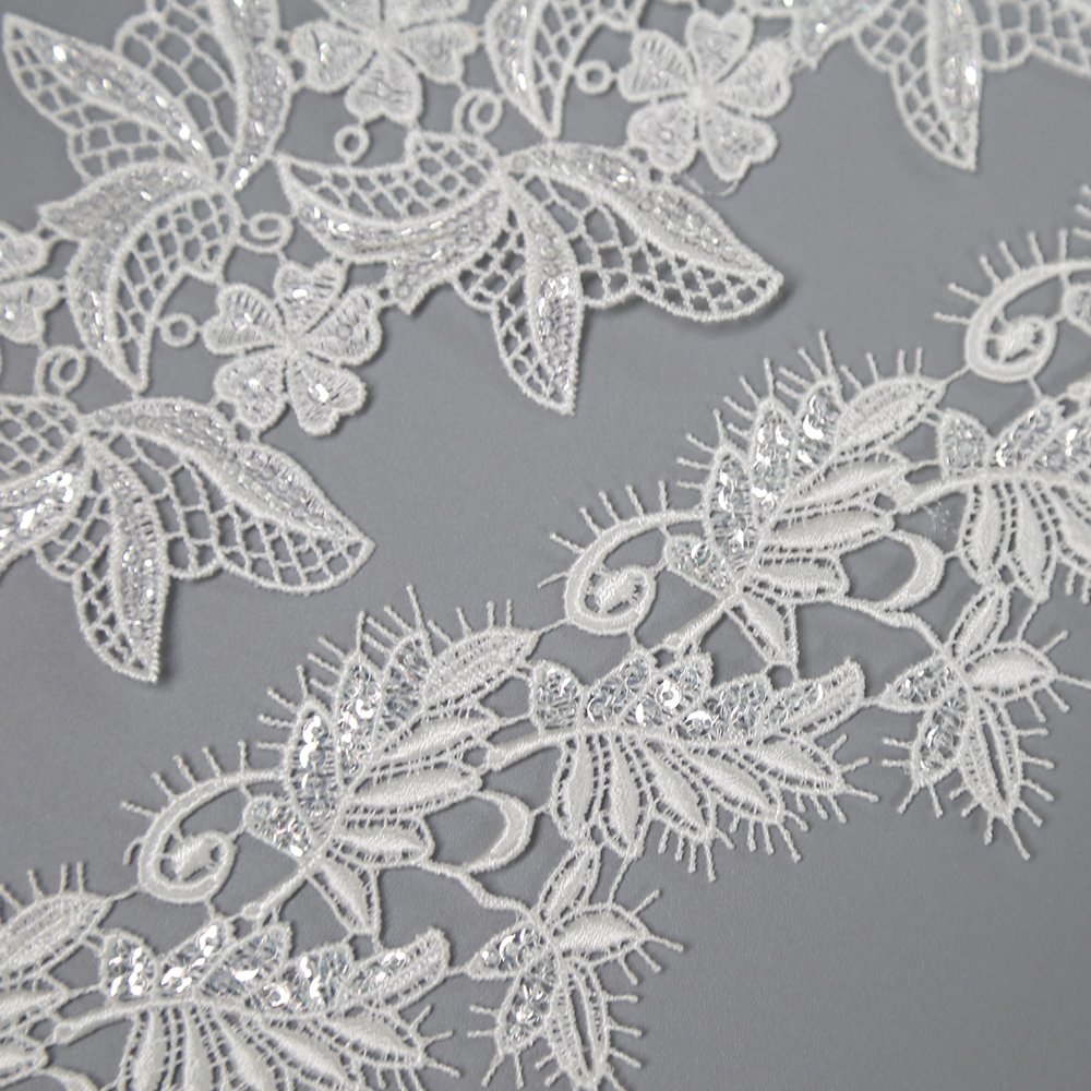 High-end White Custom Flower Pattern Sequin French Embroidery Lace Trim For Wedding Dress