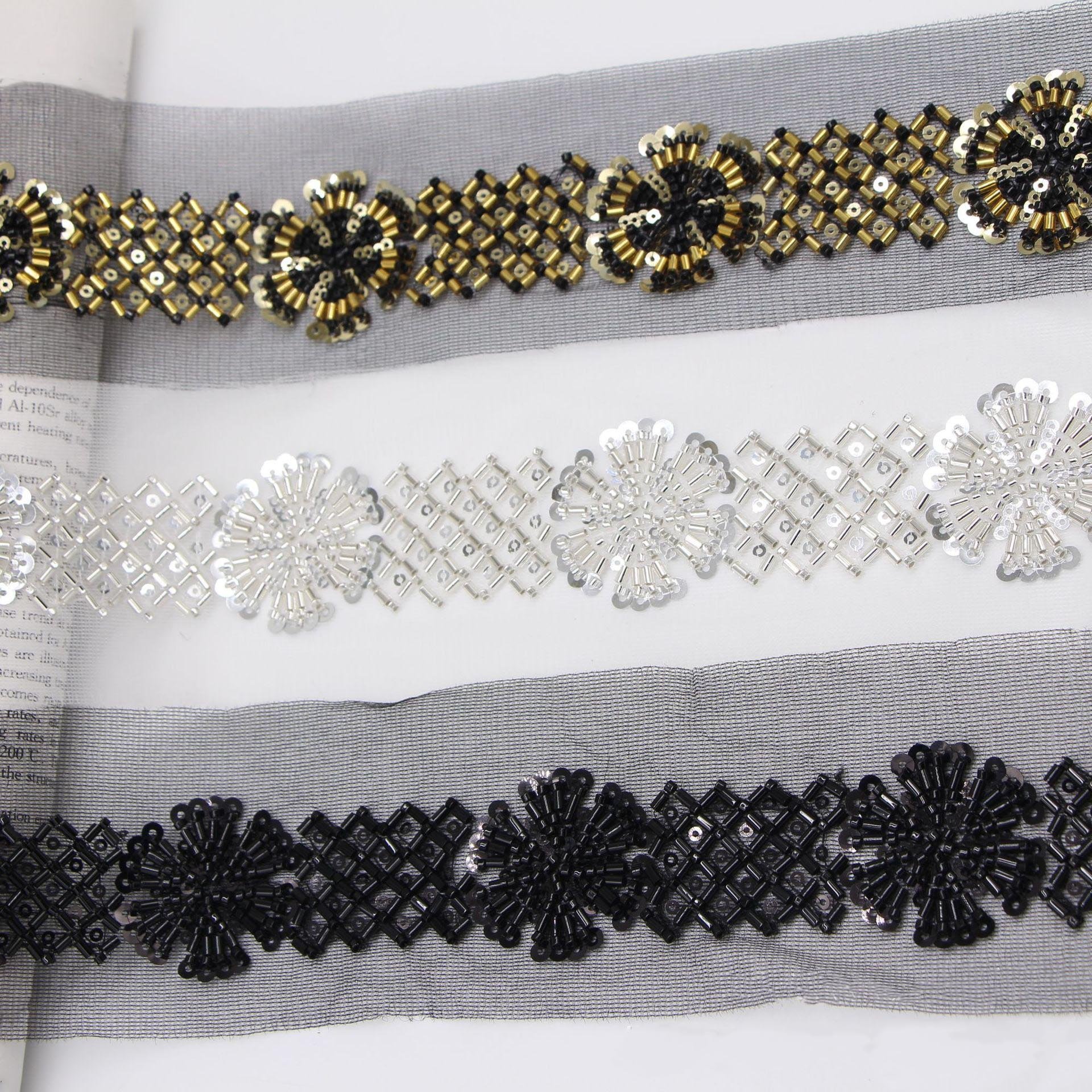 7cm diy clothes sewing decorative beaded lace fabric mesh embroidery flower sequined and beaded trimming ribbon net textile trim