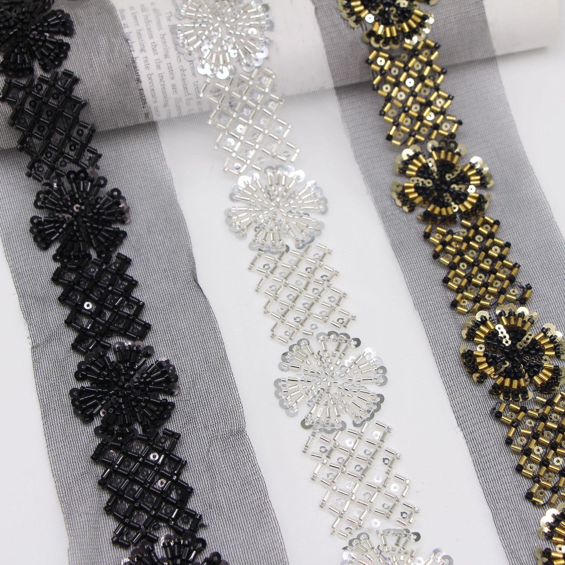 7cm diy clothes sewing decorative beaded lace fabric mesh embroidery flower sequined and beaded trimming ribbon net textile trim