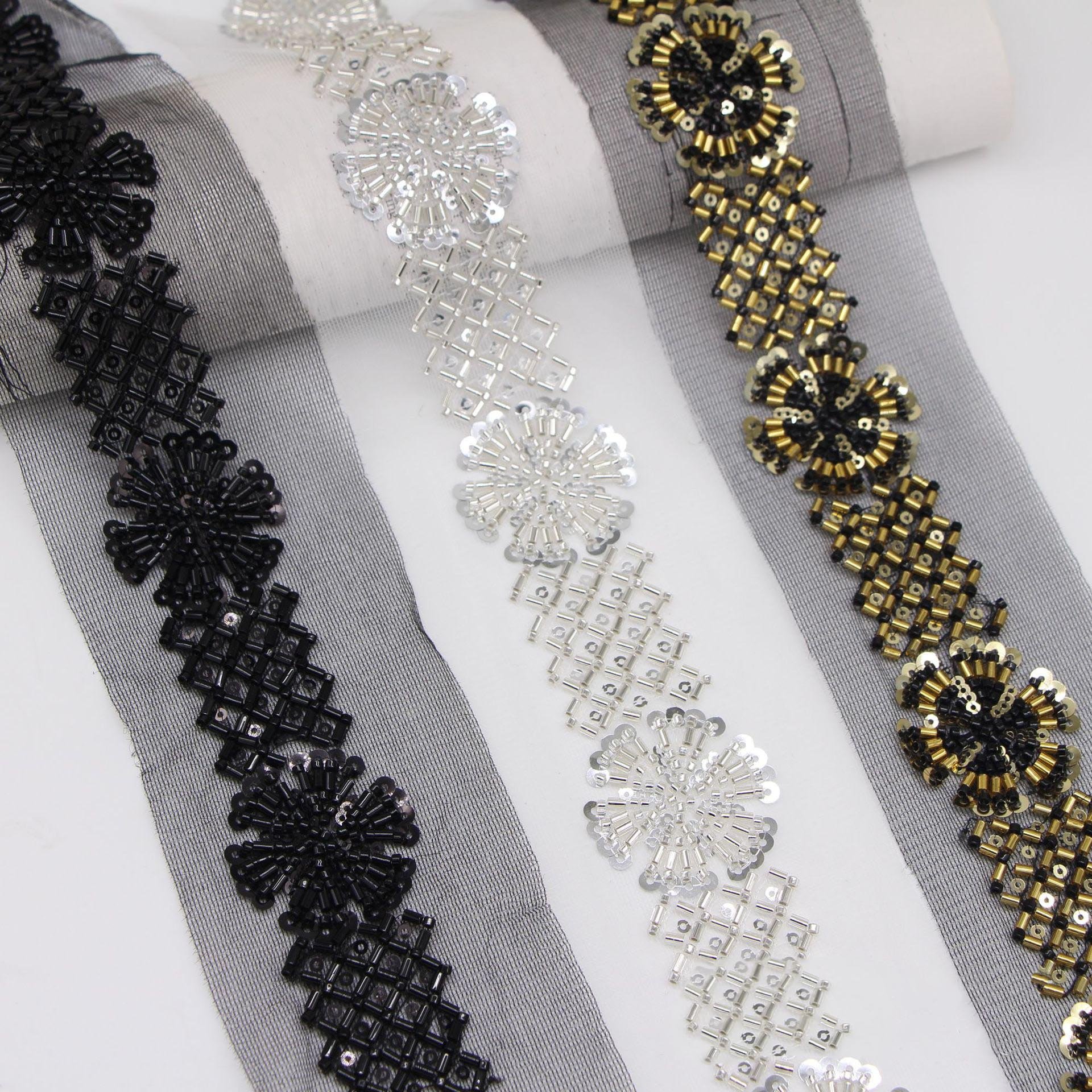 7cm diy clothes sewing decorative beaded lace fabric mesh embroidery flower sequined and beaded trimming ribbon net textile trim